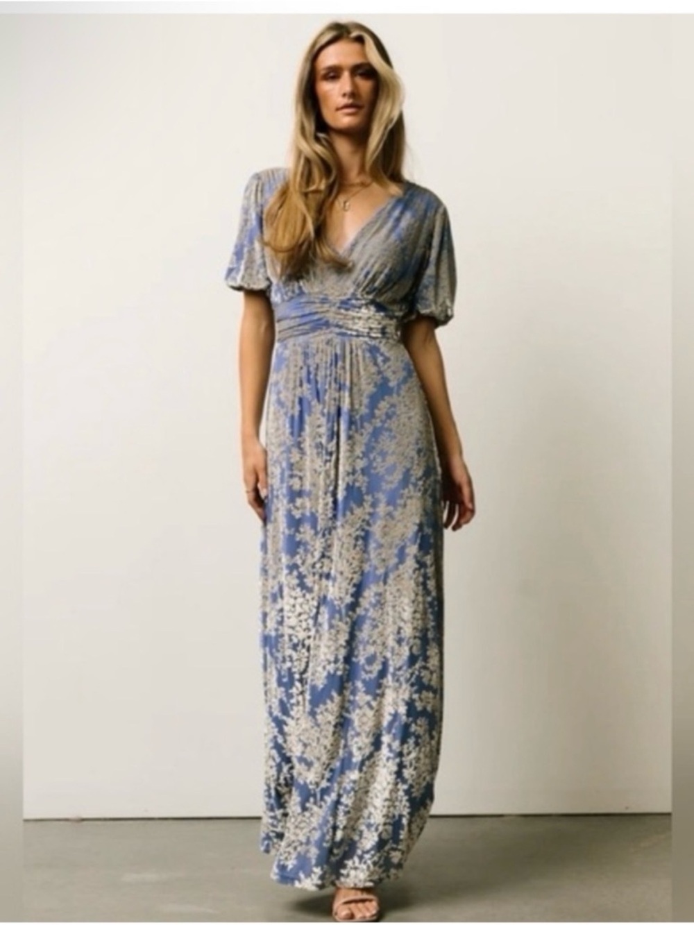 Baltic Born Leslie Velvet Maxi Dress XL Blue Silver Floral Wedding Guest NWT